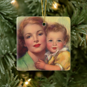 Vintage Familienporträt von Mutter und Kind Keramikornament