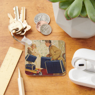 Vintage-Familienurlaub, Papa, Kinder und Koffer Schlüsselanhänger