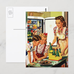 Vintage Family in the Kitchen Mom Dad Kids Snack Postkarte