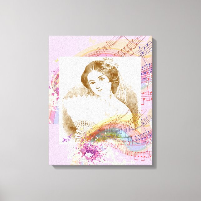 Vintage Fan Lady Stretched Leinwand Art (Vorderseite)