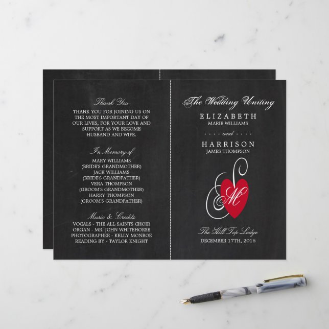 Vintage Fancy Heart - Kreidetafel Hochzeitsprogram (Vorderseite/Rückseite Beispiel)