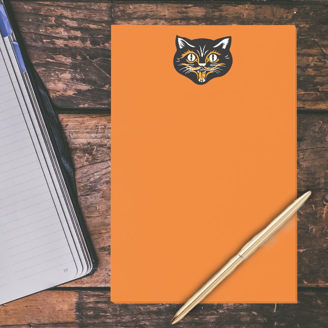 Vintage Fangzähne für Schwarze Katze im klassische Post-it Klebezettel (Happy face Vintage black Halloween cat orange and white accents on bright orange large post it notes)