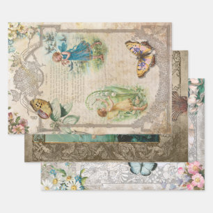 Vintage Fantasie Ephemera Decoupage Geschenkpapier Set