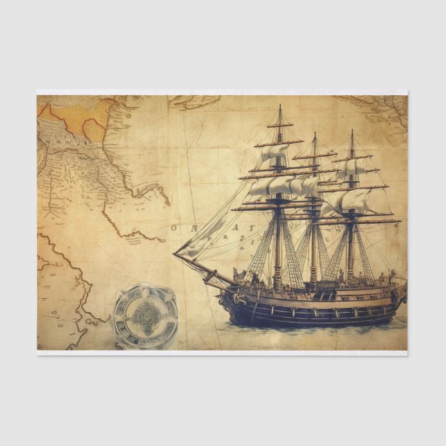 Vintage Fantasy Map Segelschiff Decoupage Seidenpapier (Vorderseite)
