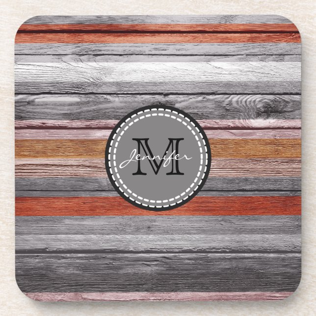 Vintage Farbenfarben, Holzschau, Monogramm #4 Getränkeuntersetzer (Vorderseite)