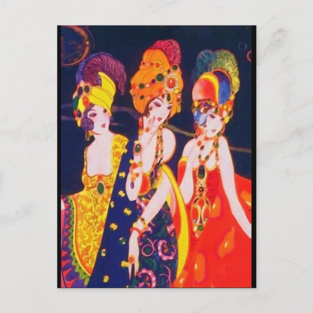 Vintage farbige Dekos Frauen mit Schmuck Postkarte (Vorderseite)