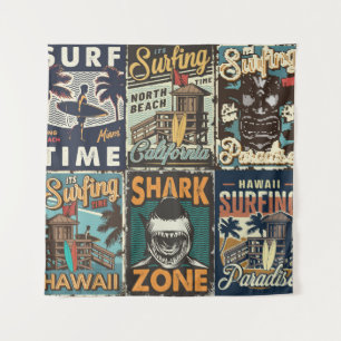 Vintage-farbige Surfposter-Set mit Surferbus Wandteppich