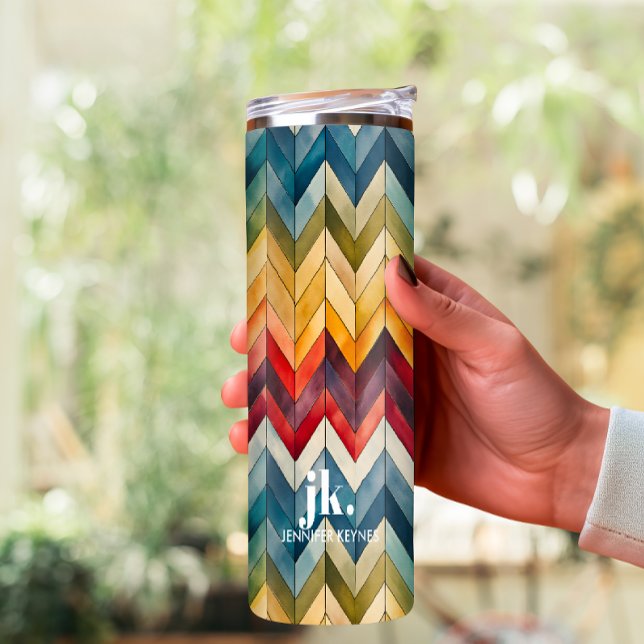 Vintage Farbige Zickzack Monogramm-Regenbogen Thermosbecher (Monogram thermal tumbler with big bold initials and rainbow chevron pattern.)