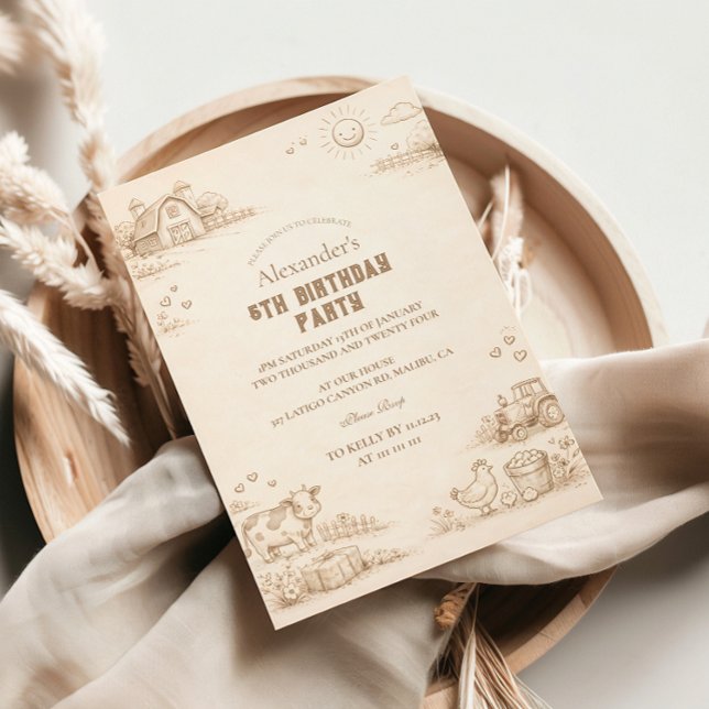 Vintage Farm Sketch Storybook Kids Birthday Einladung (Von Creator hochgeladen)