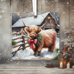 Vintage Farm und Hochland-Kuh Weihnachten Ornament Aus Metall<br><div class="desc">Personalisierter viereckiger Weihnachtsschmuck. Ein Vintager Bauernhof mit einer kleinen Highland Kuh,  die draußen an einem schneebedeckten Wintertag stehend ist.</div>