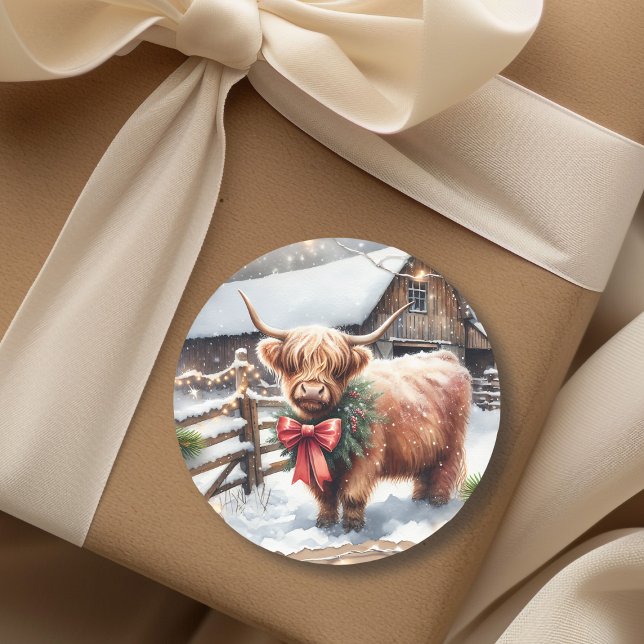 Vintage Farm und Hochland-Kuh Weihnachten Runder Aufkleber (Von Creator hochgeladen)