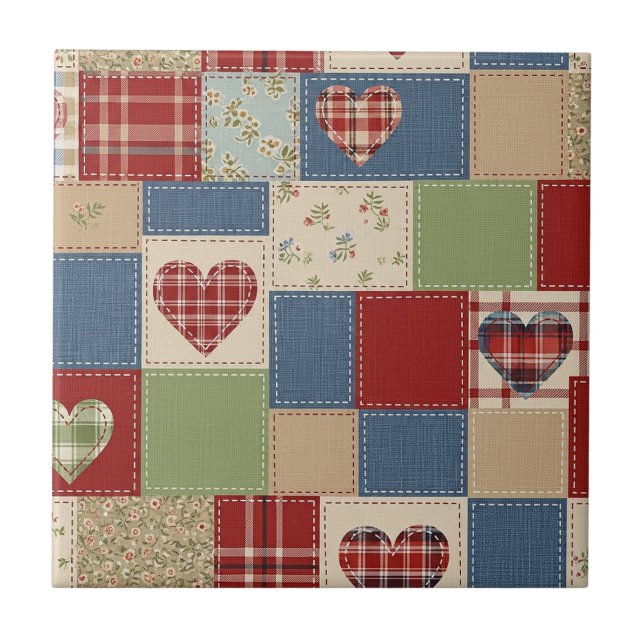 Vintage Farmhouse Herz Quilt Patchworkdruck Fliese (Vorderseite)