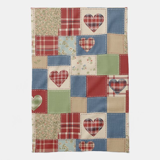 Vintage Farmhouse Herz Quilt Patchworkdruck Geschirrtuch (Vertikal)