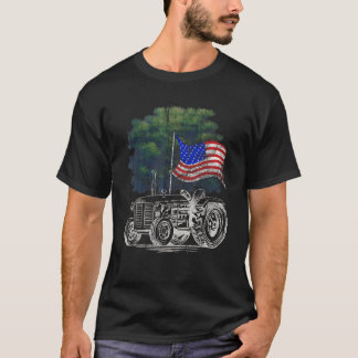 Vintage Farming Tractor American Flag Patriotic Fa T-Shirt