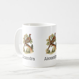 Vintage Fasan auf Ast mit Bäumen Zeichnung Farbe Kaffeetasse