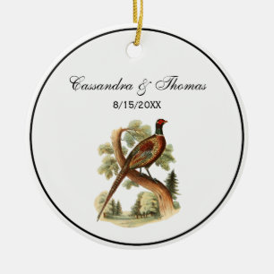 Vintage Fasan auf Ast mit Bäumen Zeichnung Farbe Keramik Ornament