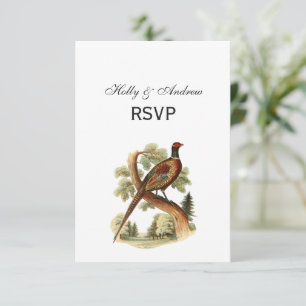 Vintage Fasan auf Ast mit Bäumen Zeichnung Farbe RSVP Karte