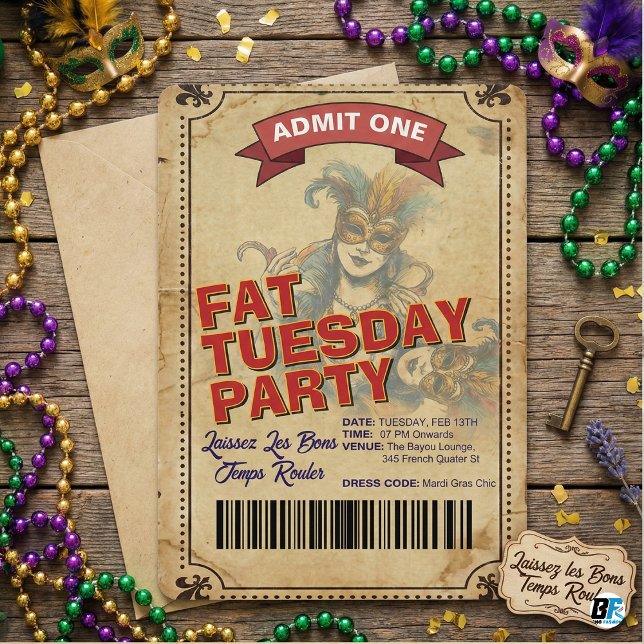 Vintage Fat Tuesday Party Ticket | Mardi Gras Einladung (Von Creator hochgeladen)