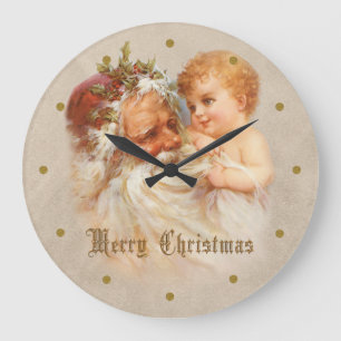 Vintage Father Christmas with Child Große Wanduhr