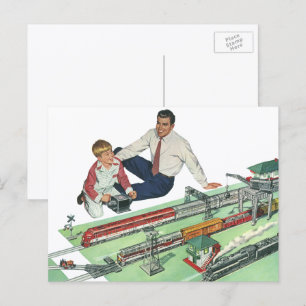 Vintage Father's Day, Dad and Son with Trains Postkarte