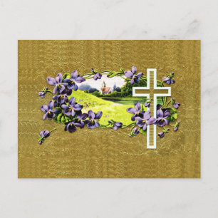 Vintage-Faux-Goldblatt-christliches-Osterkreuz Feiertagspostkarte