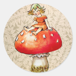 Vintage Fee auf einem Pilz, Retro-Blumenmuster Runder Aufkleber