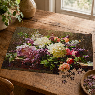 Vintage-Feinmalerei-Pfingstrose- und Flieder-Blume Puzzle