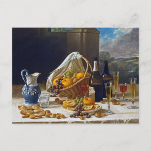 Vintage-Feinmalerei-Stillleben mit Wein und Frücht Postkarte
