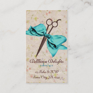 vintage, feminin, Friseur, blaue Schleife, florale Treuekarte