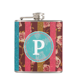 Vintage-feminines Glitter- und Blumenmonogramm Flachmann