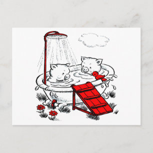 Vintage Ferkel & Vogel im Bad Postkarte
