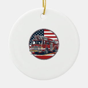 Vintage-Feuerwehrauto Amerikanische Flagge Kreis V Keramik Ornament