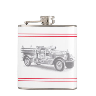 vintage Feuerwehrauto Bleistiftskizze Feuerwehrman Flachmann