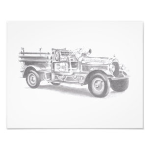 Vintage-Feuerwehrauto Bleistiftskizze Feuerwehrman Fotodruck