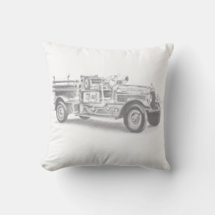 vintage Feuerwehrauto Bleistiftskizze Feuerwehrman Kissen