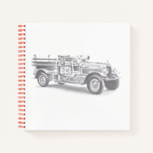 Vintage-Feuerwehrauto Bleistiftskizze Feuerwehrman Notizbuch