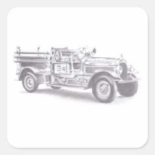 vintage Feuerwehrauto Bleistiftskizze Feuerwehrman Quadratischer Aufkleber