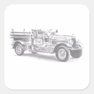 vintage Feuerwehrauto Bleistiftskizze Feuerwehrman Quadratischer Aufkleber