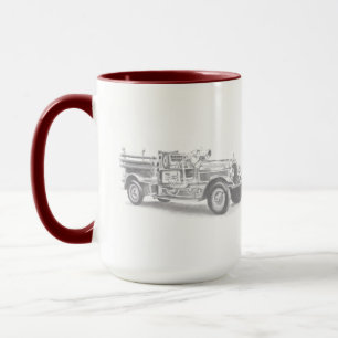 vintage Feuerwehrauto Bleistiftskizze Feuerwehrman Tasse
