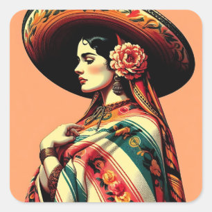 Vintage Fiesta Frau Mariachi Mexikanerin Quadratischer Aufkleber
