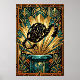 Vintage Film Reel Art Deco Gold & Teal Art Poster