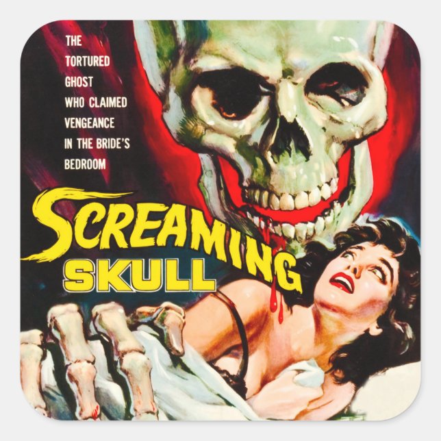 Vintage Filmbox "Screening Skull" Quadratischer Aufkleber (Vorderseite)