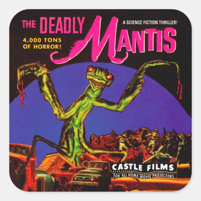 Vintage Filmbox "The Deaddy Mantis" Quadratischer Aufkleber (Vorderseite)
