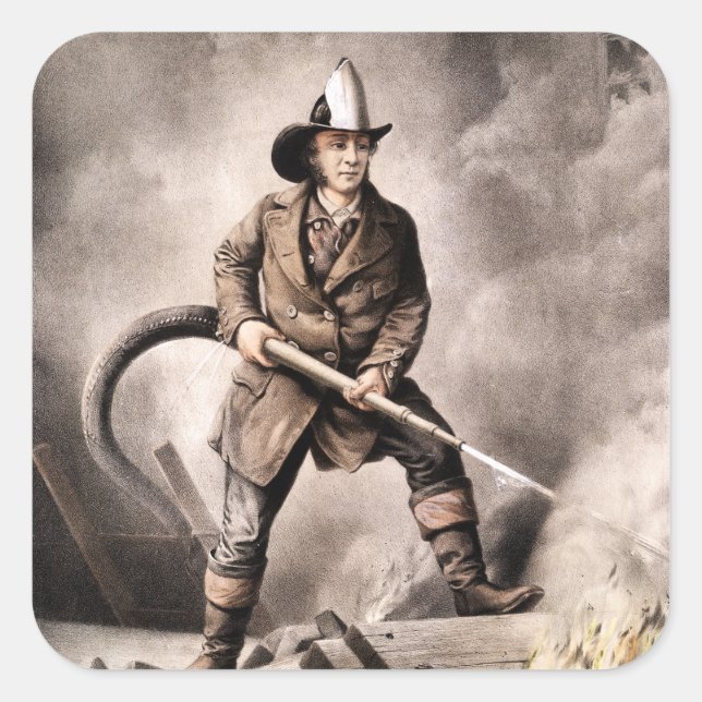 Vintage Fireman-Illustration Quadratischer Aufkleber (Vorderseite)