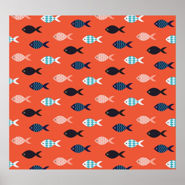 Vintage Fische, korallenrotes Muster. Poster (Vorne)
