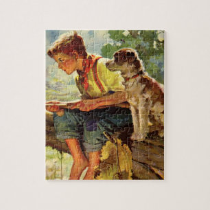 Vintage Fischerei, Junge mit seiner Welpe und sein Puzzle