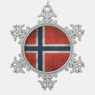 Vintage Flagge Norwegens mit Abnutzungsspuren Schneeflocken Zinn-Ornament
