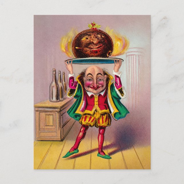 Vintage Flaming Weihnachtspudding Postkarte (Vorderseite)