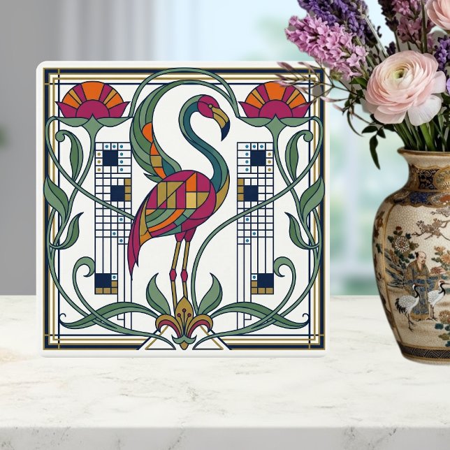 Vintage Flamingo Blumen Geometrisches Musterfliese Fliese (Von Creator hochgeladen)