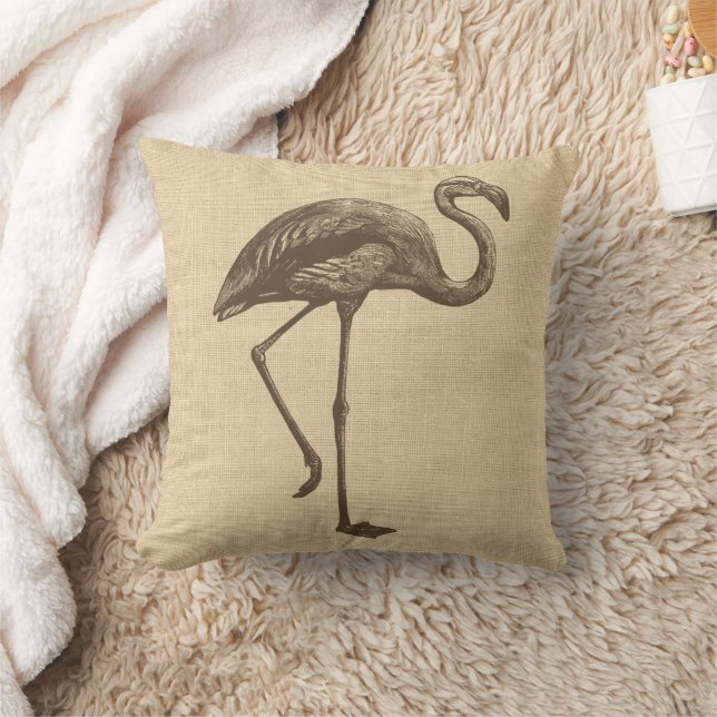 Vintage Flamingo-Illustration auf Burlap Kissen (Decke)
